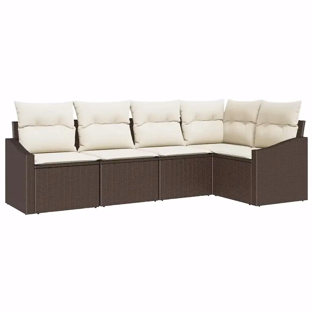Set Divano da Giardino vidaXL 5 Pezzi a Forma di L in Polyrattan Marrone e Bianco con Cuscini e Struttura in Acciaio Verniciato a Polvere – 2