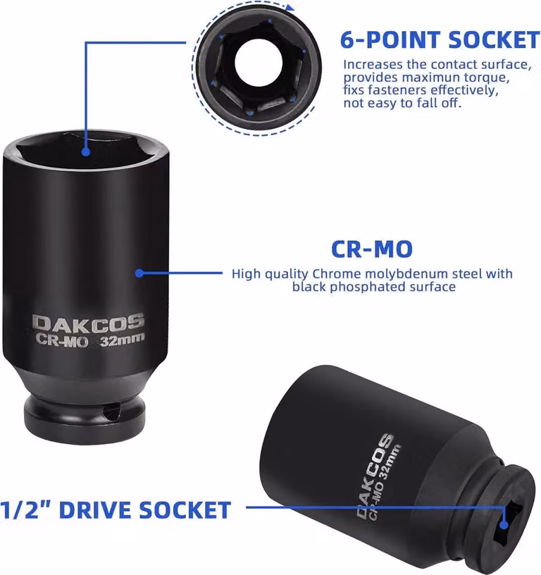 Set di 16 chiavi a bussola esagonali da 1/2", con inserti metrici profondi da 10 a 32 mm, adatte per avvitatori a percussione e chiavi dinamometriche, realizzate in