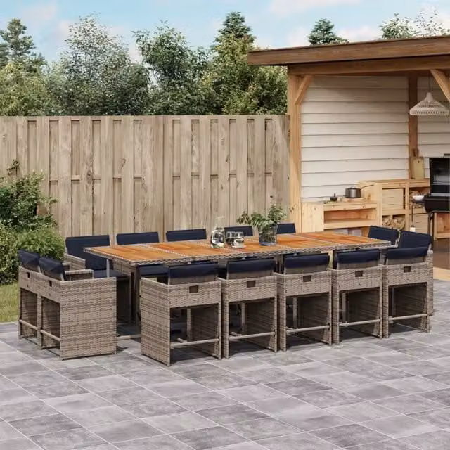 Set da pranzo da giardino vidaXL in polyrattan e legno di acacia con 15 pezzi e cuscini, colore grigio e marrone