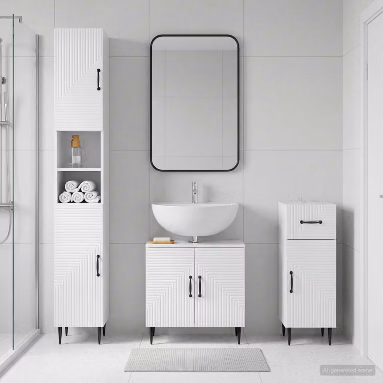 Set di armadietti da bagno moderni vidaXL HAARLEM in 3 pezzi, Bianco Lucido, L/P/H: 120 x 47,88 x 190 cm