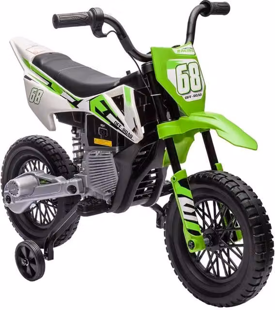 Moto elettrica per bambini con rotelle, indicatori di carica, luci e suoni, in plastica e metallo, colore verde, L: 107 cm, P: 56 cm, H: 70 cm