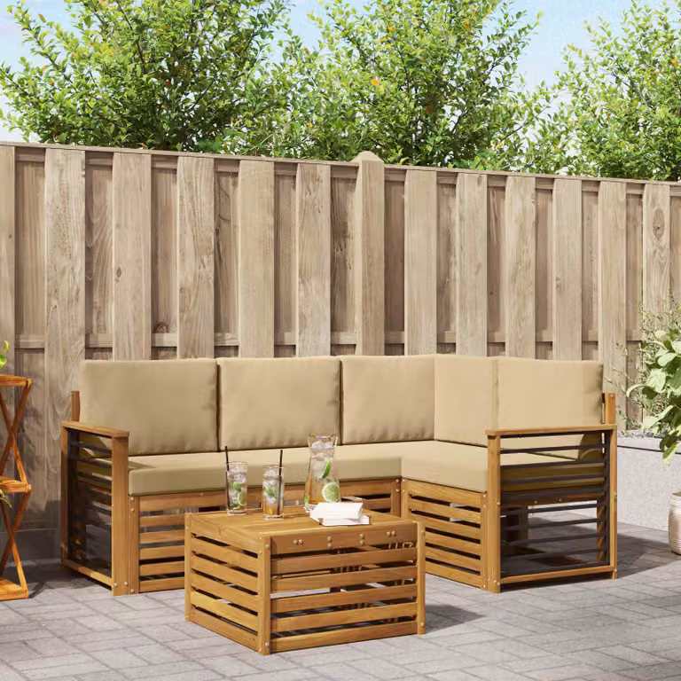 Set di divani da esterno vidaXL a forma di L con tavolo da caffè, struttura in legno di acacia e cuscini inclusi, beige e marrone
