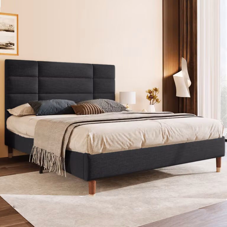Letto imbottito Flieks 140x200cm con rete a doghe e testata, struttura letto giovanile letto matrimoniale, nero