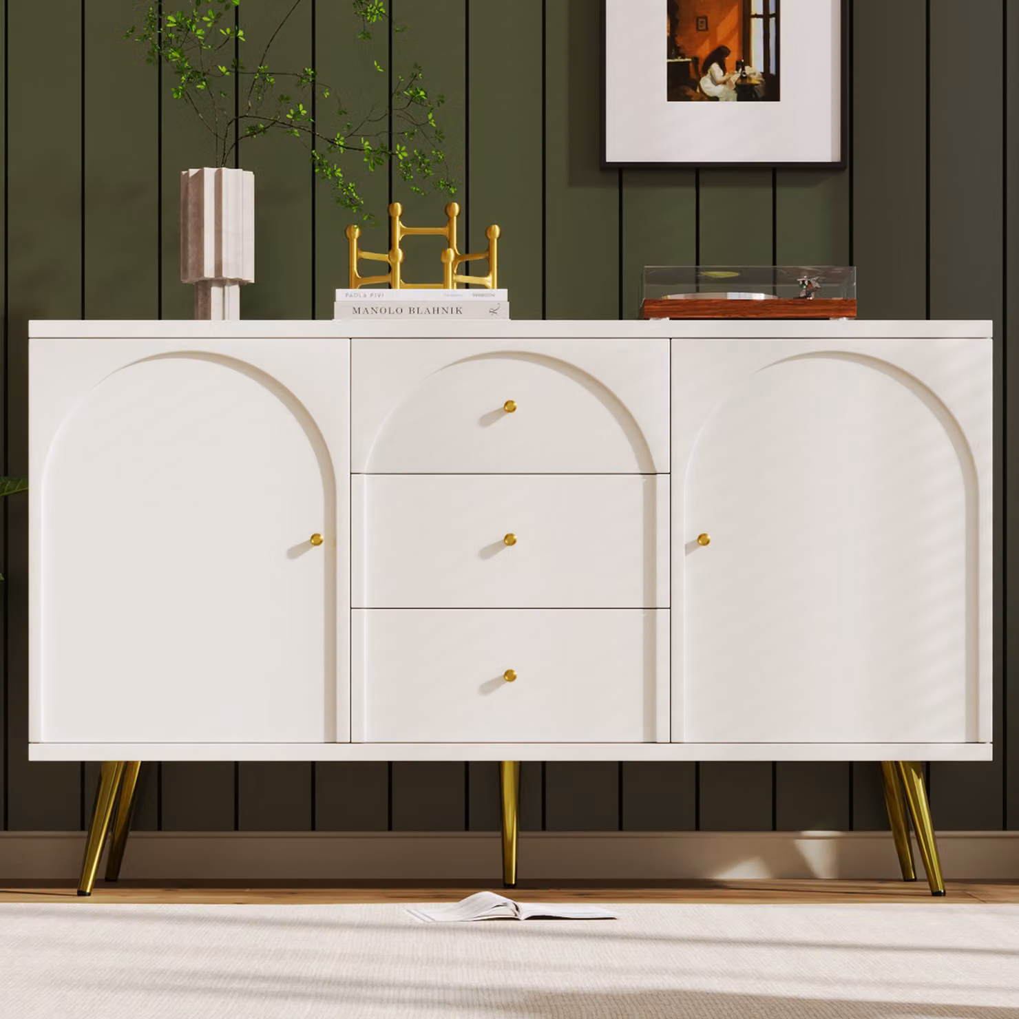 Cassettiera Abrihome con 3 cassetti e 2 ante, credenza con ripiano regolabile, larghezza 140 cm, bianco