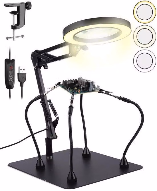 Supporto magnetico per saldatura Unyqoos® con lente d'ingrandimento 8x (10,5 cm), 72 LED, 10 livelli di luminosità e 3 temperature di colore, braccio flessibile da 50 cm, base in metallo, alimentazione USB, clip magnetiche e a coccodrillo