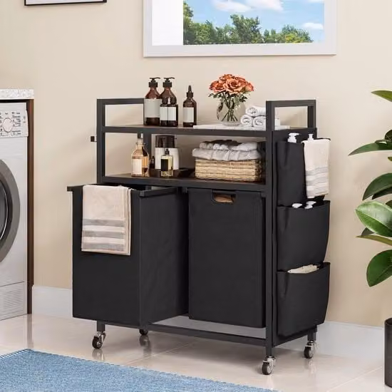 Organizzatore industriale per lavanderia con 2 pannelli, 2 borse estensibili e rimovibili, nero, telaio in acciaio, acciaio inox, per lavanderia, bagno, camera da letto, dormitorio