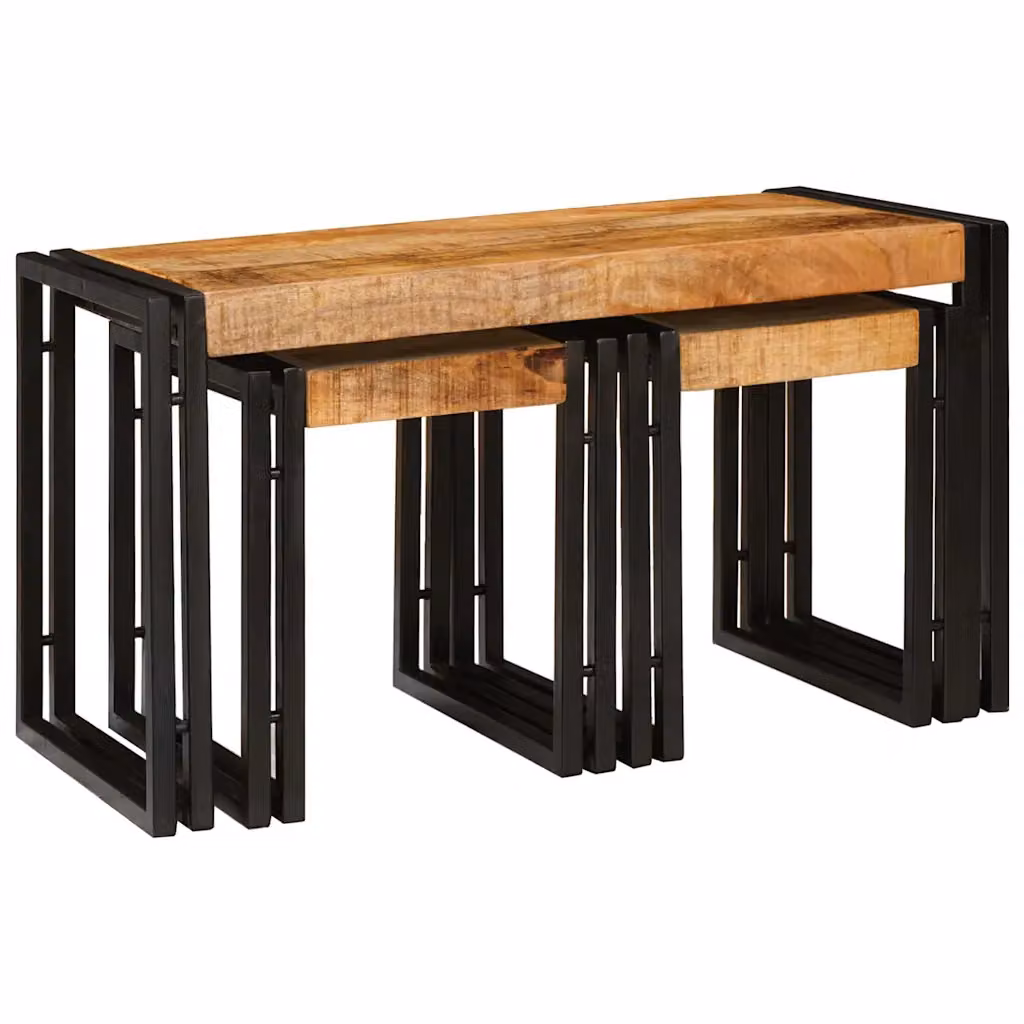 Set di 3 tavolini nesting vidaXL in legno di mango e metallo, stile industriale, Marrone e Nero, L/P/H: 82 x 40 x 45 cm