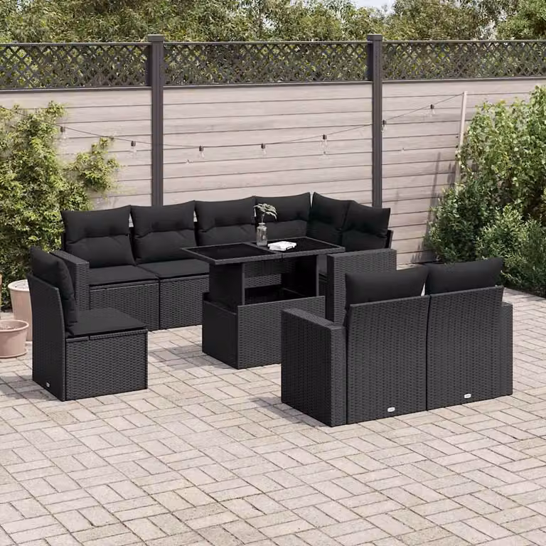 Set di divani da giardino vidaXL 9 pz in polyrattan nero con cuscini e tavolino da esterno a forma di L