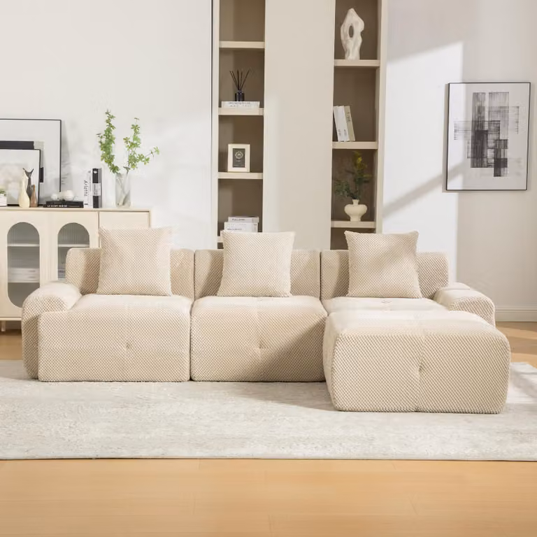 Divano modulare imbottito, in chenille, con imbottitura in schiuma 30D, facile da spostare, con base antiscivolo (color beige chiaro)