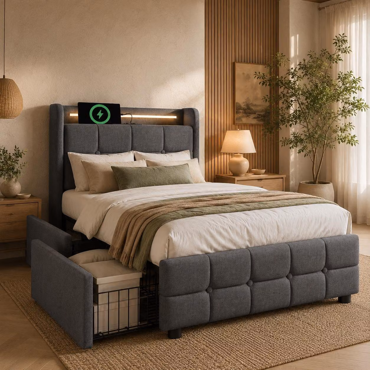 Letto imbottito Flieks 90x200cm con USB e prese di corrente, letto per ragazzi letto singolo con 2 cassetti, letto contenitore letto in legno massiccio con LED e rete a doghe, lino, grigio