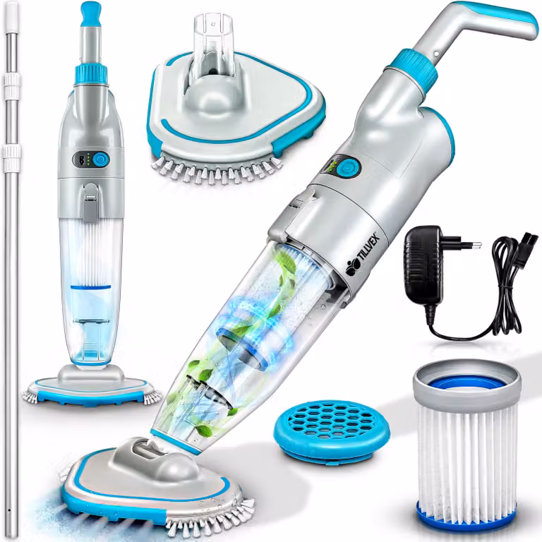 Aspirapolvere per piscina Tillvex con batteria ricaricabile e asta telescopica da 3,6 m - fino a 15 m³ | Aspirapolvere elettrico per fondo piscina | Pulitore per piscina con filtro e sistema a 2 velocità | Set di pulizia con aspirapolvere portatile senza