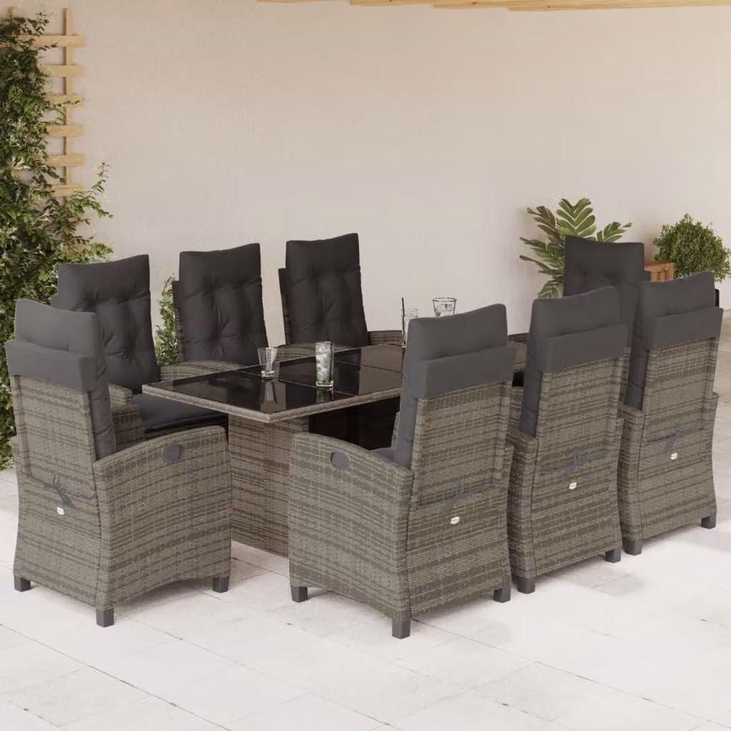 vidaXL Set da Pranzo da Giardino 9 pz in Polyrattan Grigio con Piano in Vetro – 1