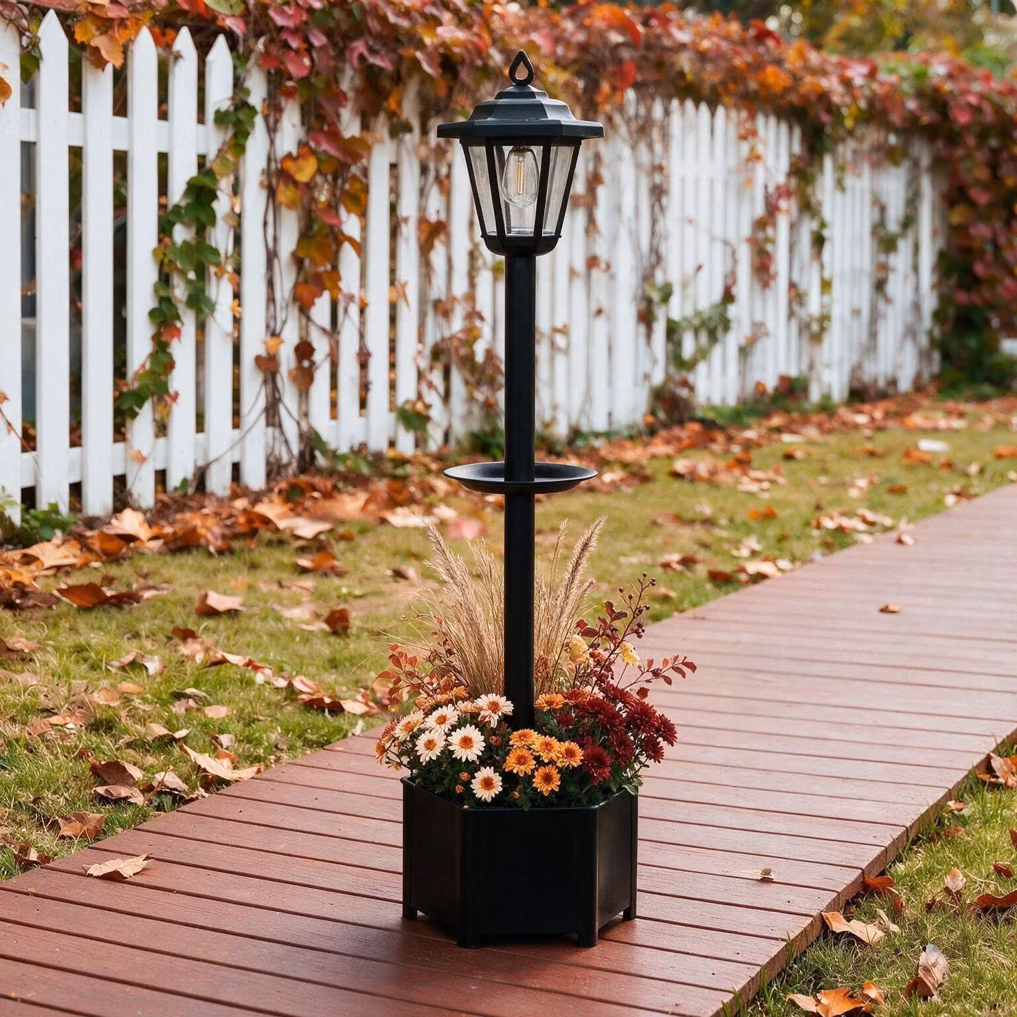 Lampada solare da giardino 3-in-1, 96 cm, con casetta per uccelli, vaso per fiori, luce bianco caldo