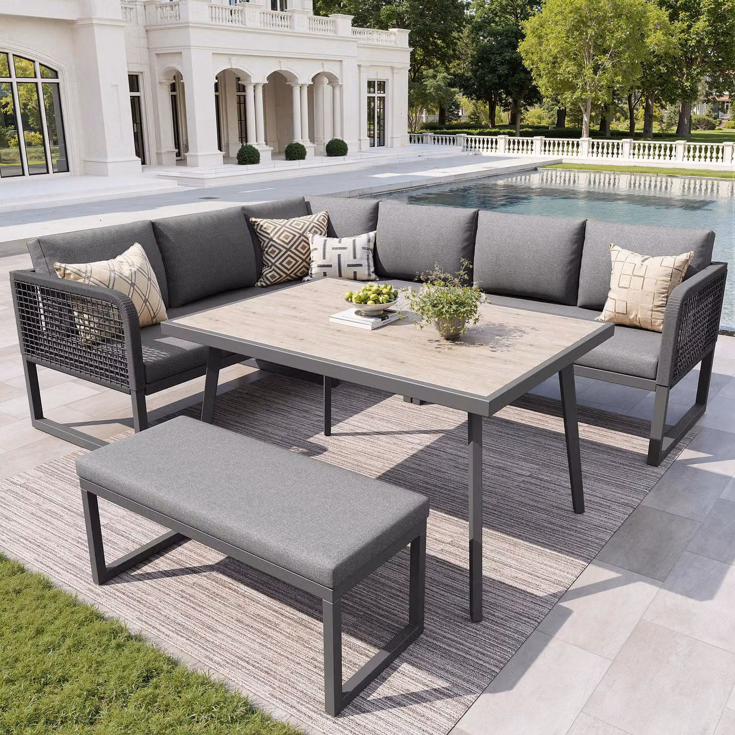 Set di mobili da giardino Merax per 6-8 persone con rattan PE, gruppo di imbottiti modulari poltrona lounge con tavolino, set divani da terrazza resistente alle intemperie, grigio