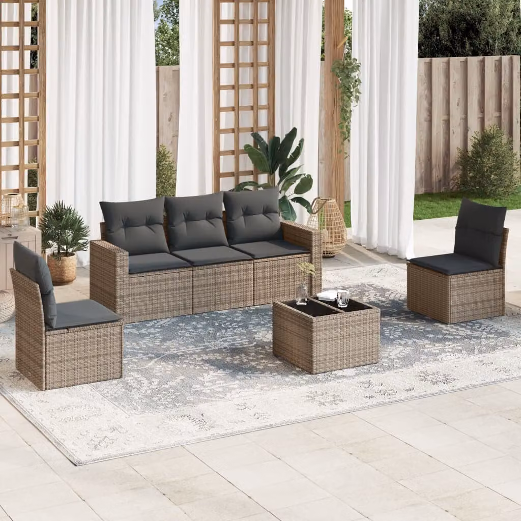 vidaXL Set Divano da Giardino 6 pz in Polyrattan Grigio con Cuscini e Tavolino – 1