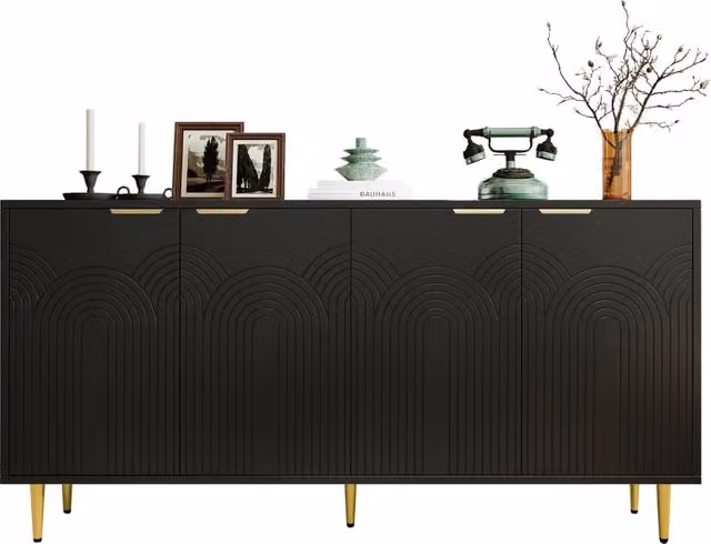 Credenza moderna per soggiorno e sala da pranzo con 4 ante, ripiani regolabili e maniglie dorate, finitura nera lucida in MDF, L: 160 cm, P: 40 cm, H: 80 cm