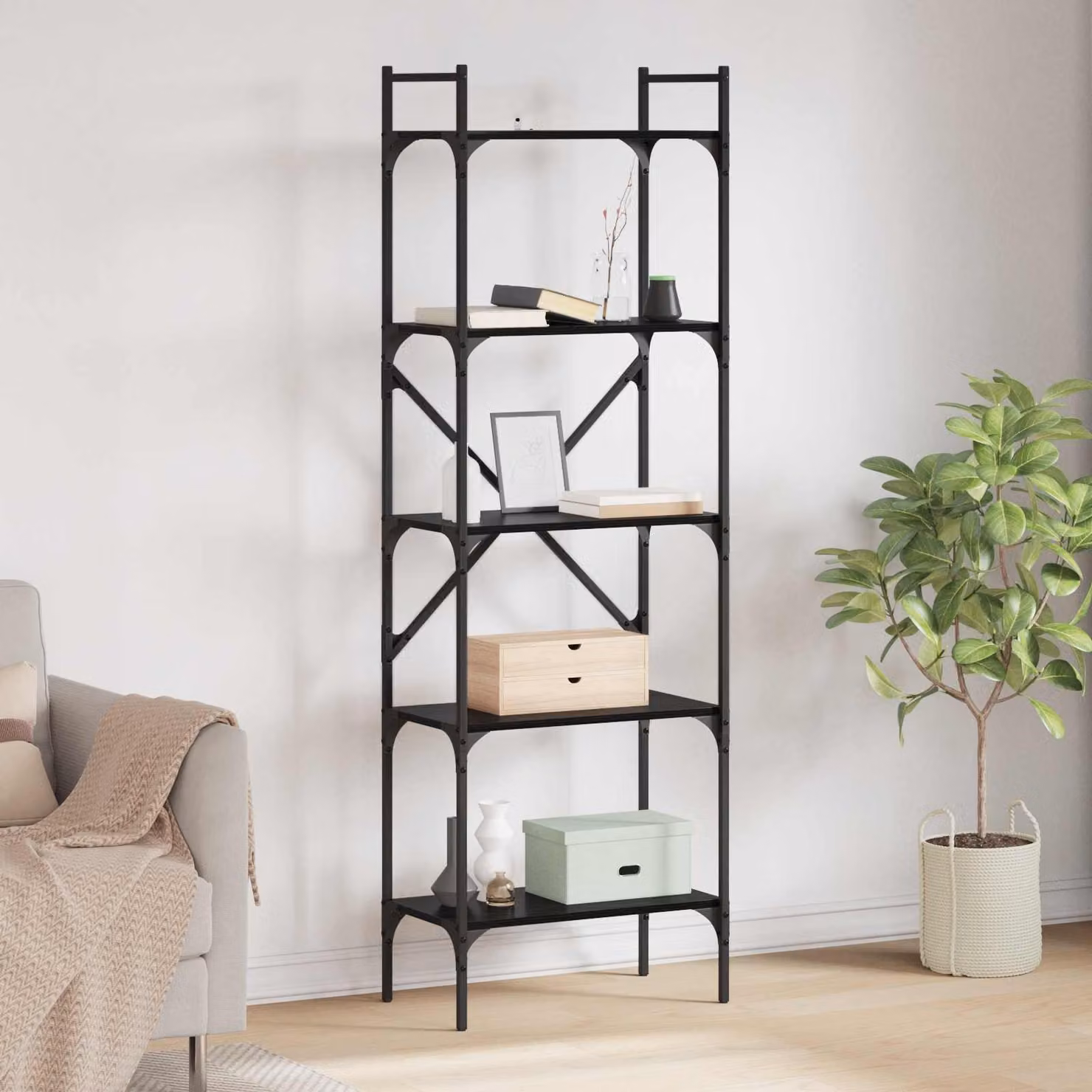 Libreria vidaXL a 5 livelli in metallo e MDF nero per soggiorno L 56 cm x P 32 cm x H 174 cm