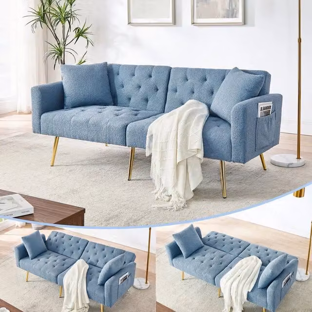 Divano 2 posti in tessuto boucl¨¦ ¨C Minimal ¨C blu, gambe in metallo, con cuscini, schienale regolabile