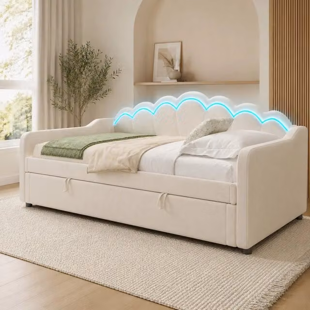 Letto da giorno ULEVR 90x200 cm con contenitore idraulico, LED RGB con telecomando, velluto beige