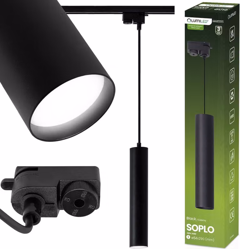 Sospensione a sospensione Guida luminosa 29cm Riflettore GU10 LED SOPLO Nero LUMILED