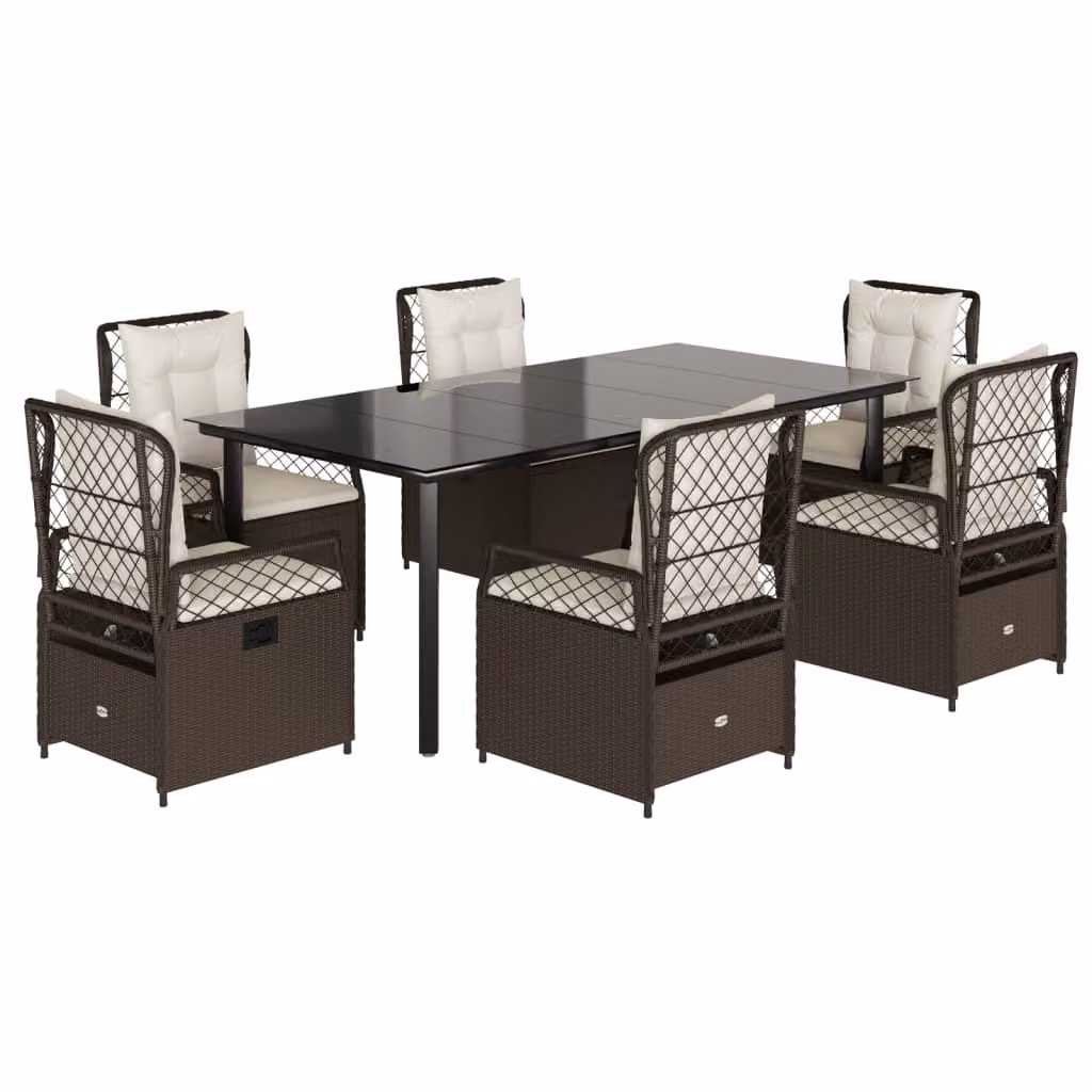 Set da Pranzo da Giardino 7pz con Cuscini in Polyrattan Marrone