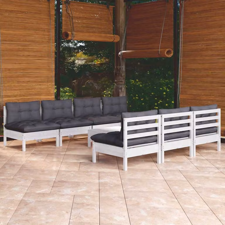 Set Divani da Giardino vidaXL 8 pz in Legno di Pino con Cuscini Antracite e Bianco, Design Moderno a L con Elementi Angolari e Ottoman