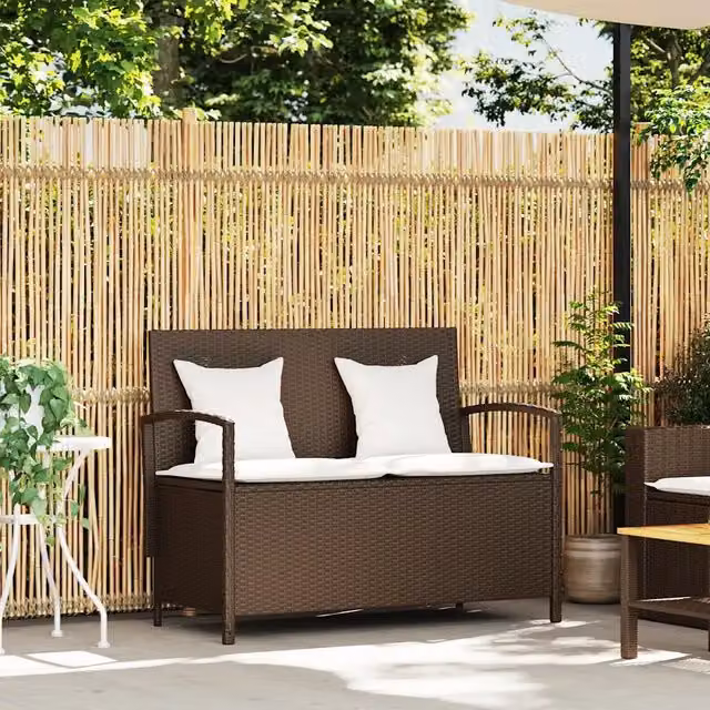 Panca portaoggetti da giardino vidaXL in polyrattan marrone e bianco con cuscini L: 110 cm, P: 87 cm, H: 56 cm