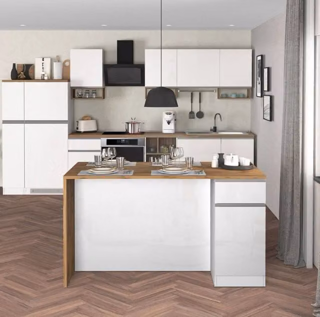 WHOUS Isola da cucina Sole a 2 ante e 2 cassetti bianco lucido e rovere 160x90x90 cm