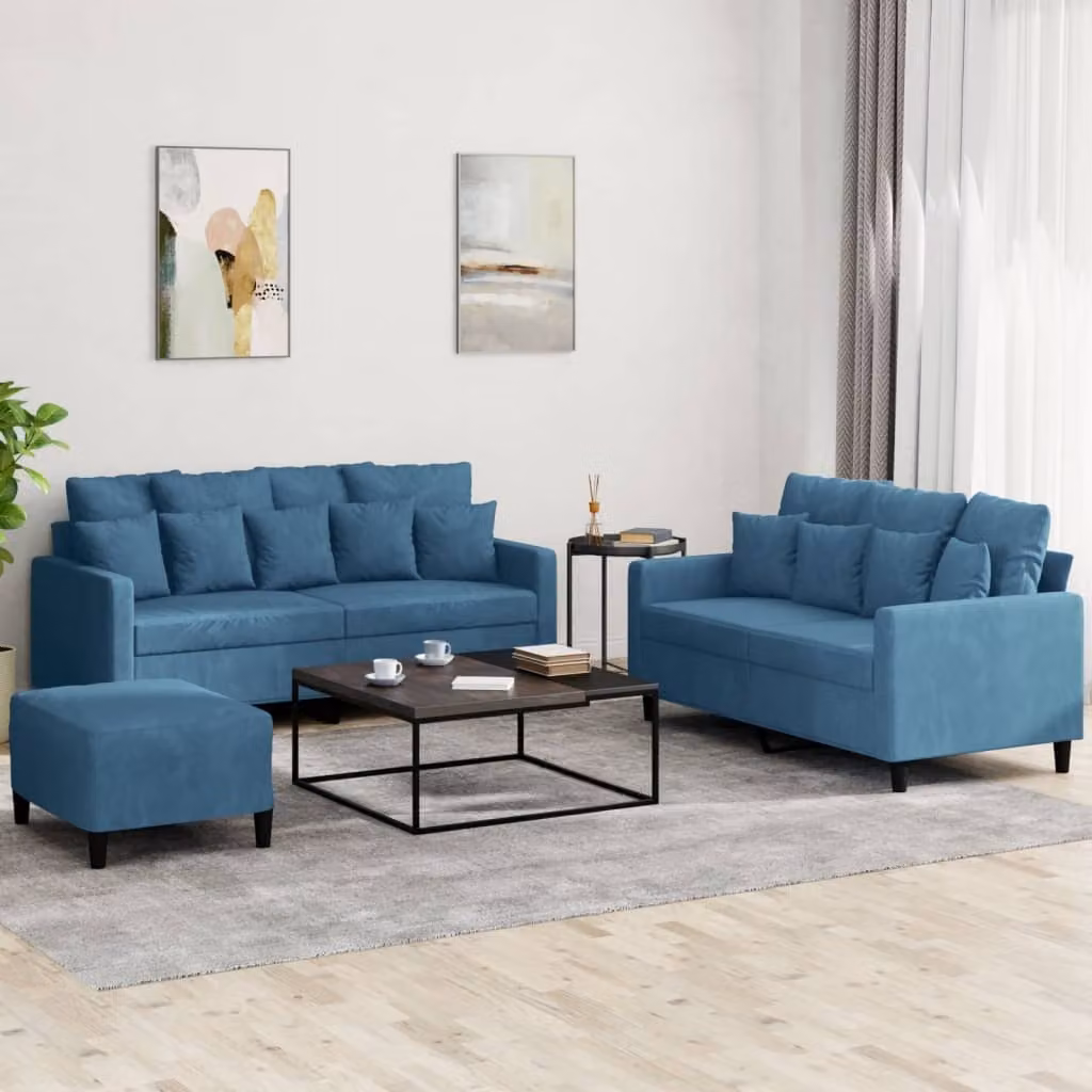 Set di 3 divani vidaXL in velluto blu con cuscini per il tuo soggiorno moderno