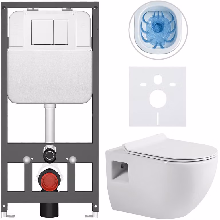 Set completo per WC sospeso Dure, bianco lucido, con pulsante Prime/Maxio, bianco. Adatto per installazione a muro/con pannelli in cartongesso. Dimensioni: 51x35 cm