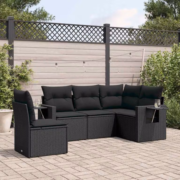 Set di Divani da Giardino vidaXL 5 Pezzi in Polyrattan Nero con Cuscini e Tavolino da Esterno a Forma di L