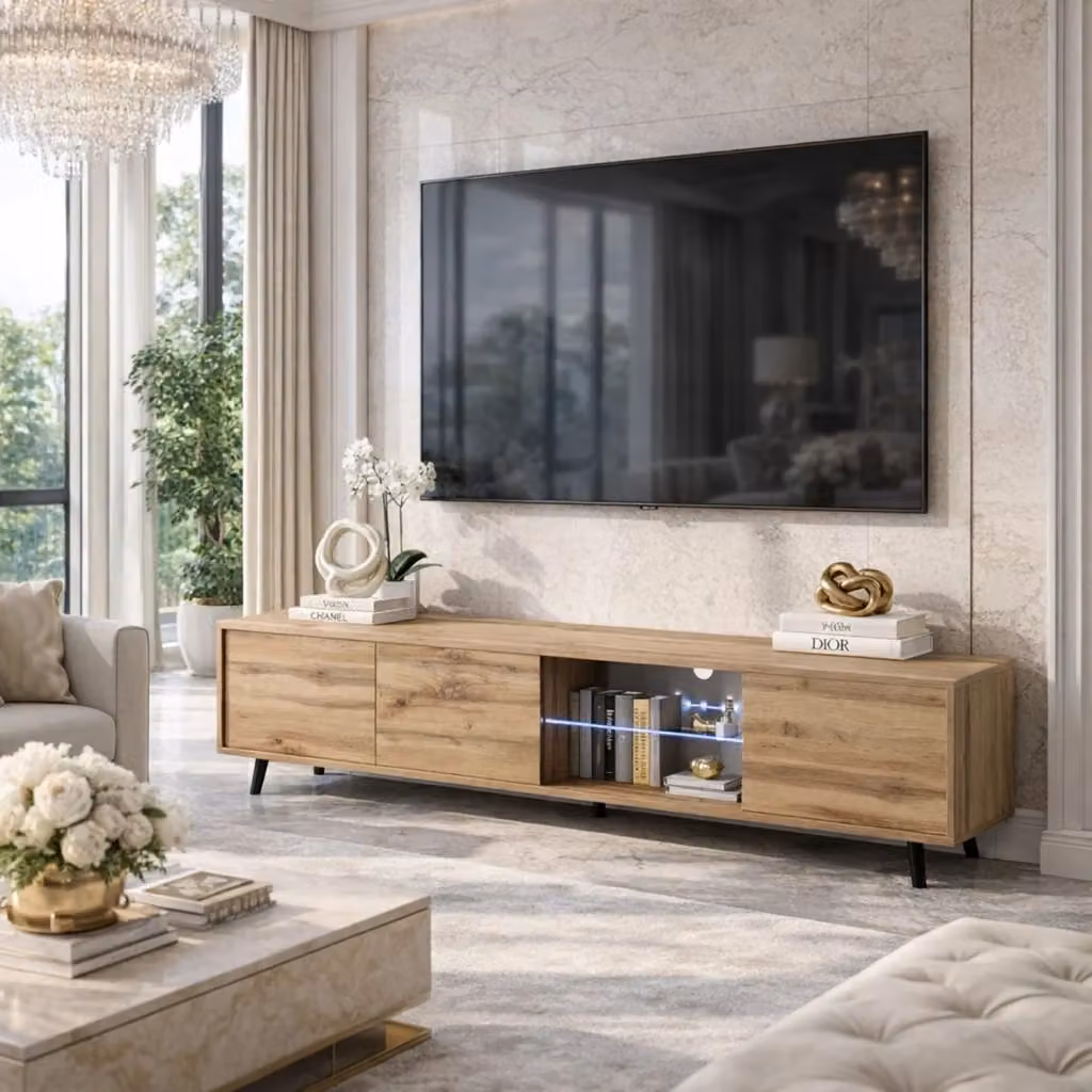 Mobile TV Moderno con 3 Ante Battenti, Ripiano in Vetro e Illuminazione LED, in Melaminico Rovere con Piedini in Metallo per Soggiorno, L: 175 cm, P: 40 cm, H: 31.5 cm – 2