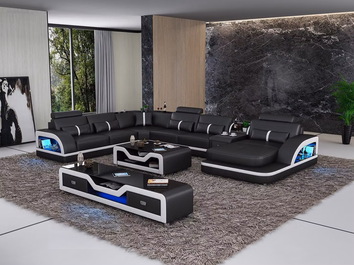 Ecksofa Polster Ecksofa U-Form Couchtisch Sideboard Ledersofa Wohnlandschaft