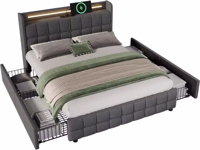 Letto Matrimoniale 180x200 Imbottito Grigio con Testiera LED; Prese USB e 4 Cassetti