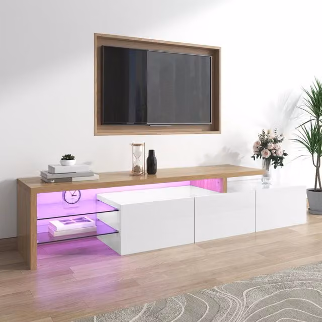 Mobile TV moderno WISHDOR con illuminazione LED integrata e ripiani in vetro, bianco e legno naturale, L: 197,5 cm, P: 42 cm, H: 42 cm