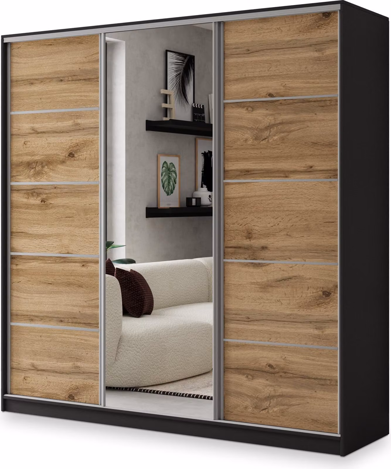 Armadio scorrevole Masseno NATA 180/205/58 cm Armadio con 4 cassetti Armadio per camera da letto a 3 ante con specchio Nero / Rovere Wotan