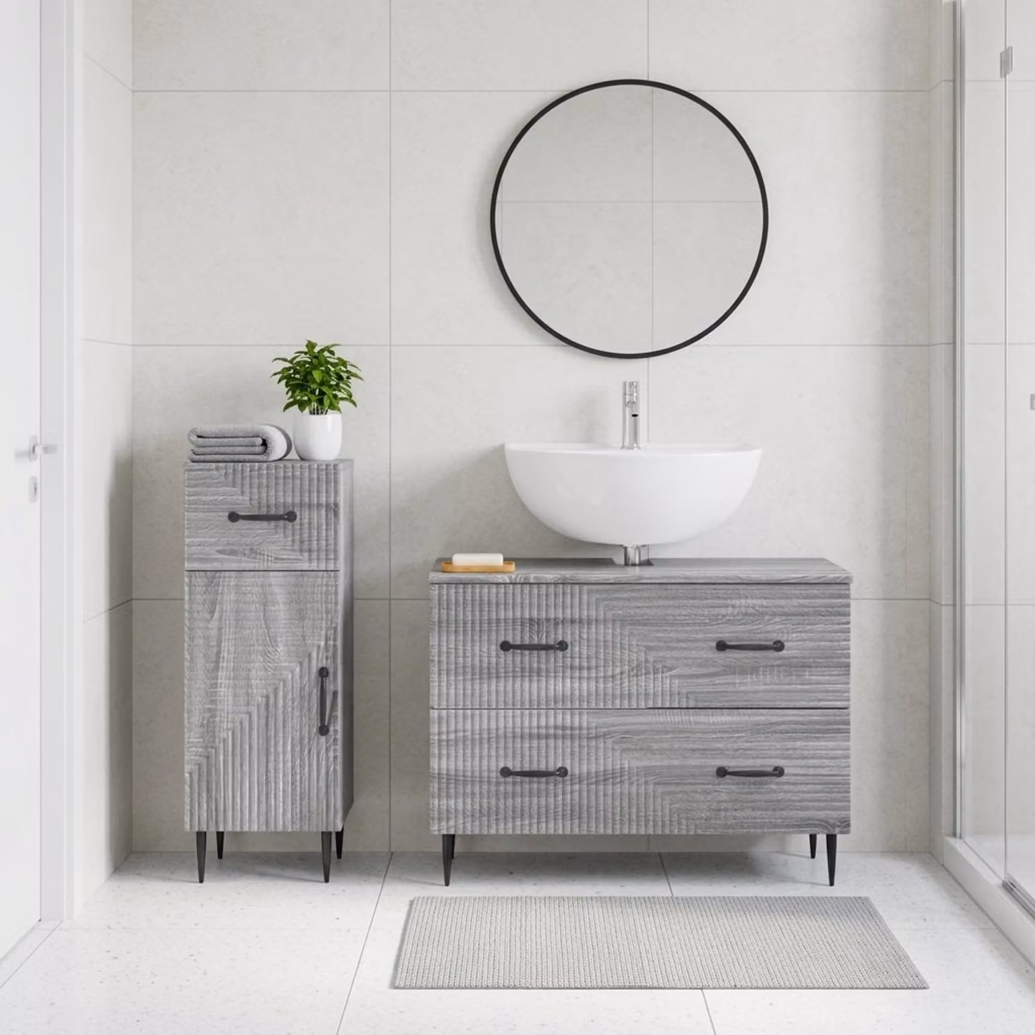 Set di mobili da bagno vidaXL HAARLEM composto da 2 pezzi in stile moderno, colore grigio Sonoma, con mobile sottolavabo e armadietto laterale autoportante