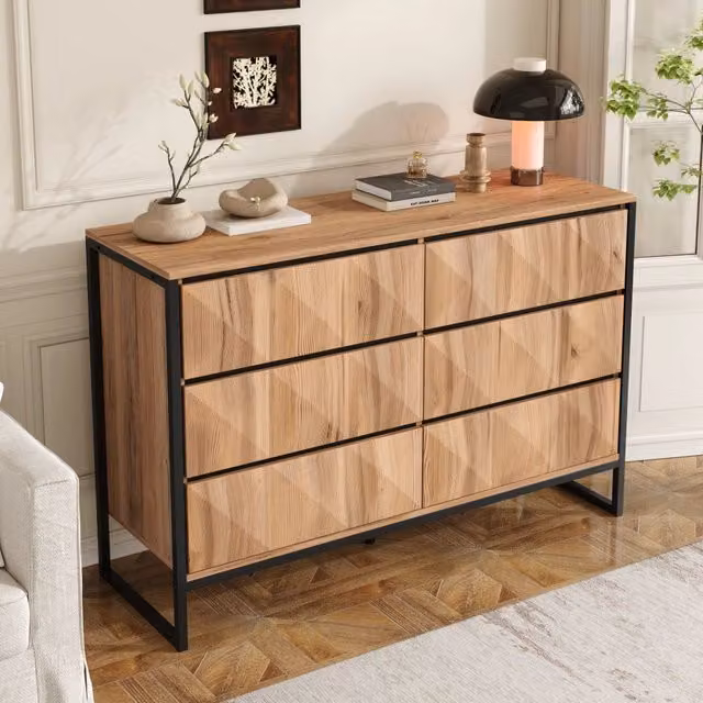 Credenza REDOM in stile industriale con 6 cassetti, colore nero e marrone effetto legno, L/P/H: 120 x 40 x 80 cm