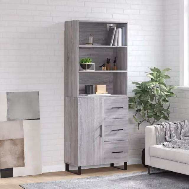 Credenza moderna vidaXL in legno e metallo, colore grigio opaco, L: 69,5 cm, P: 34 cm, H: 180 cm – 1