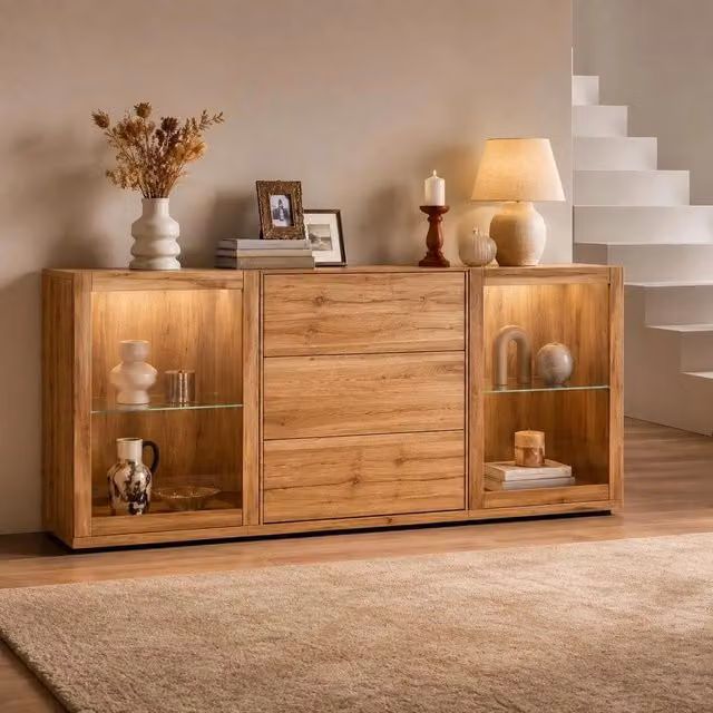 Madia buffet 120x76,5x37 cm, credenza contenitore con 2 cassetti, 2 ante e ripiano espositivo aperto per soggiorno e sala da pranzo, finitura lucida bianca ed effetto legno, moderna e funzionale