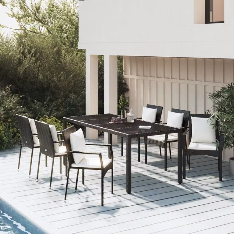 Set da pranzo da giardino vidaXL in polyrattan e legno di acacia nero e bianco con 7 pezzi