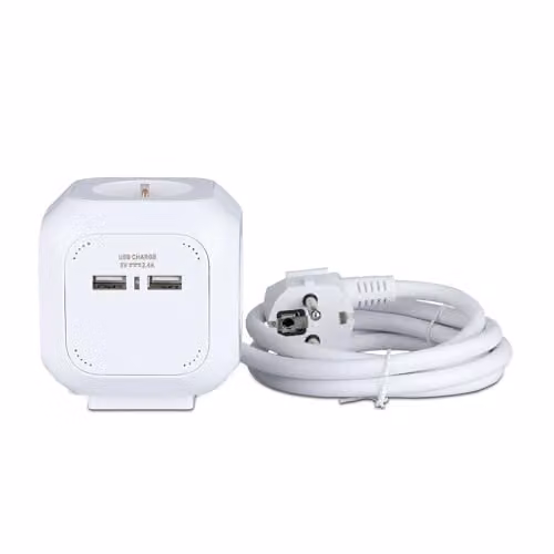 Multipresa Cubica con Cavo 1,4 mt 4 Prese Shuko e 2 USB e Spina Shuko Colore Bianco