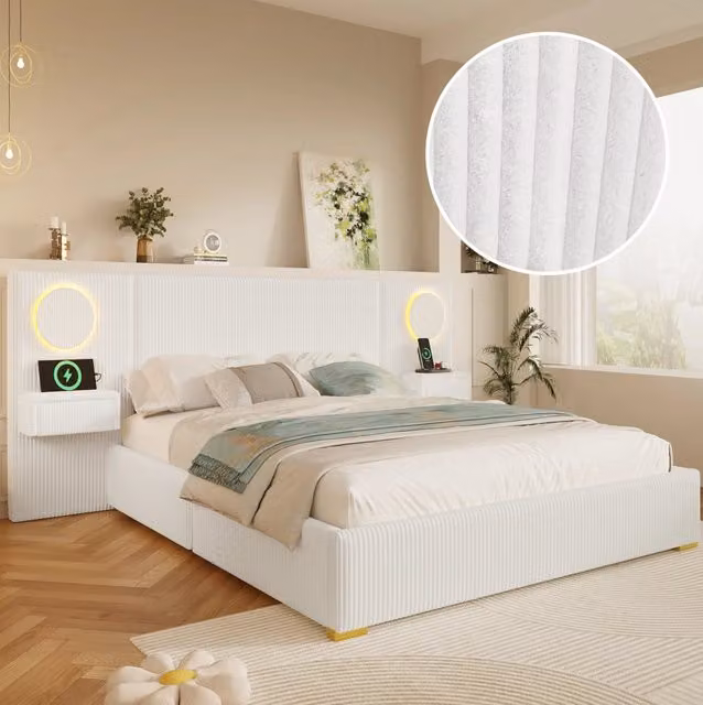 Letto 180x200 in velluto beige, testiera LED e contenitori, senza materasso –