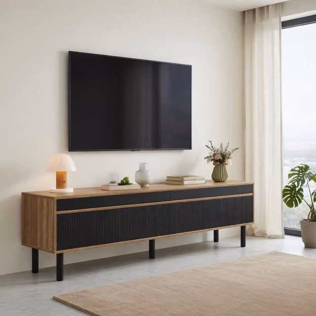 Mobile TV moderno KOMHTOM in legno e MDF nero opaco L: 170 cm, P: 38 cm, H: 47 cm