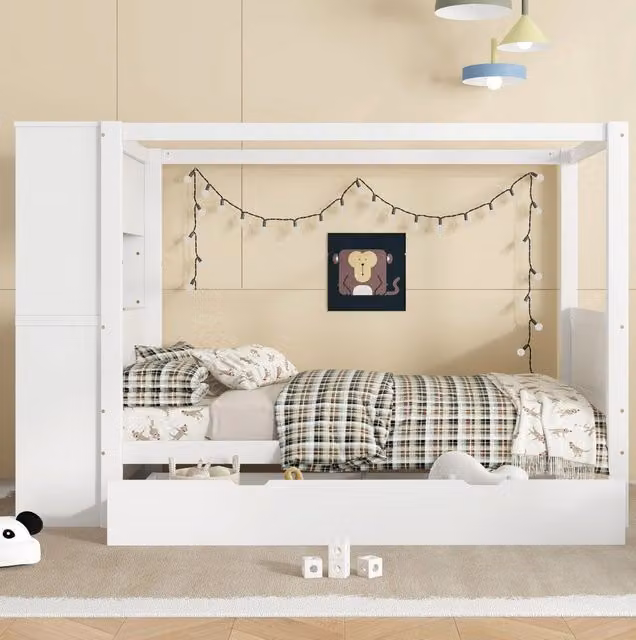 Letto singolo 90x200 cm bianco in legno di pino e MDF, con 5 cassetti