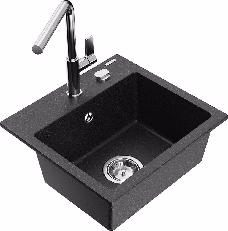 Mexen Milo lavello in granito a 1 vasca con rubinetto da cucina Flora, nero/argento metallizzato - 6505-73-670401-00