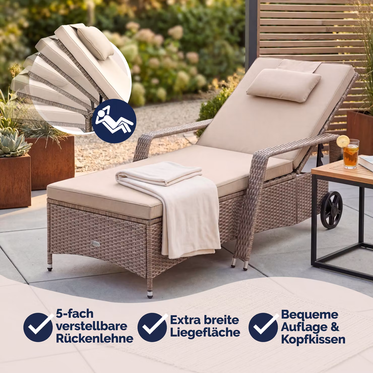 Sdraio da giardino Casaria in polyrattan beige con poggiatesta regolabile e ruote L: 193 cm, P: 90 cm, H: 43 cm – 2
