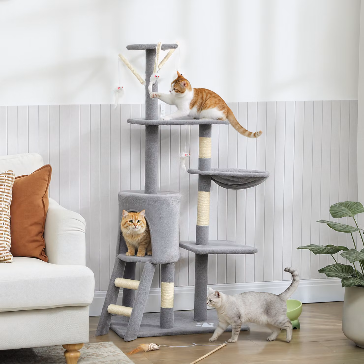 Albero per gatti PawHut grigio con amaca, grotta, scala e 3 pali in sisal, altezza 134 cm – 2