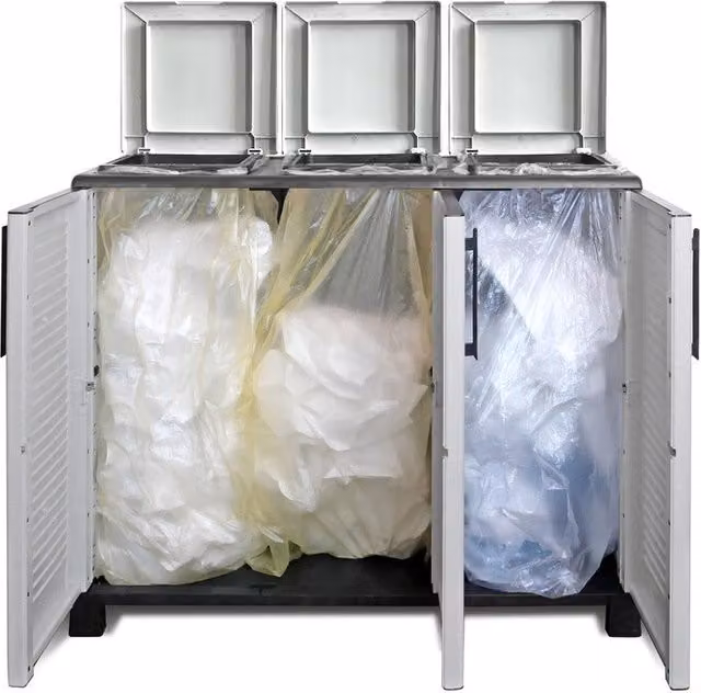 Pattumiera Art Plast a 3 ante con coperchio a ribalta, colore grigio argento, L: 102 cm, P: 37 cm, H: 90 cm