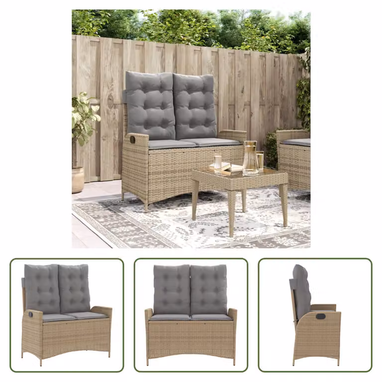 The Living Store Panca da giardino regolabile con cuscino Beige Poly Rattan